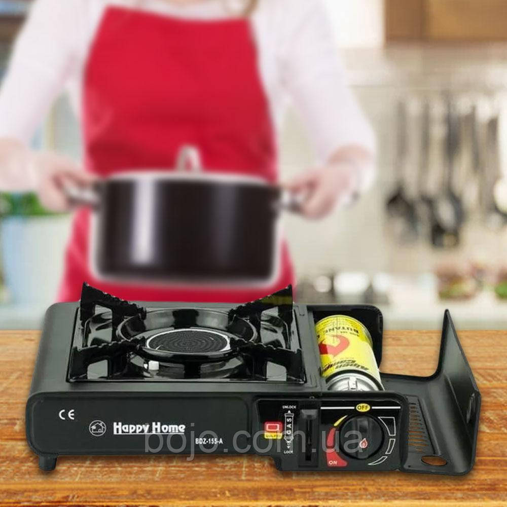 Портативна газова плита Happy Home BDZ 155-A з п'єзопідпалом, керамічний розпилювач, Чорна
