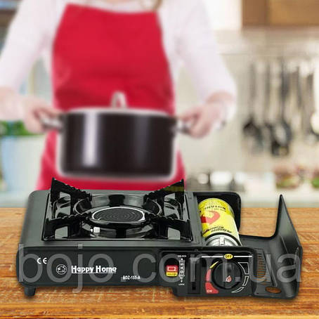 Портативна газова плита Happy Home BDZ 155-A з п'єзопідпалом, керамічний розпилювач, Чорна, фото 1