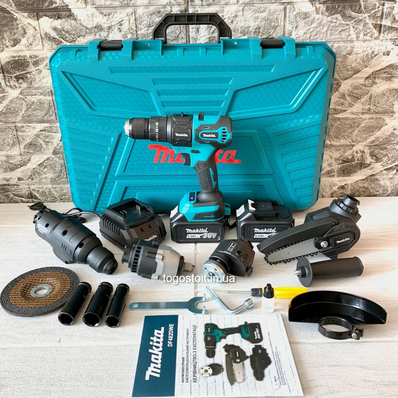 Набір акумуляторного інструменту Макіта, 5в1 Шурупокрут Makita DF482DWE (36V, 6AH)