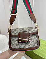 Женская коричневая кожаная текстильная сумка Gucci Horsebit 1955 GG Supreme гуччи гучи плечевая сумка