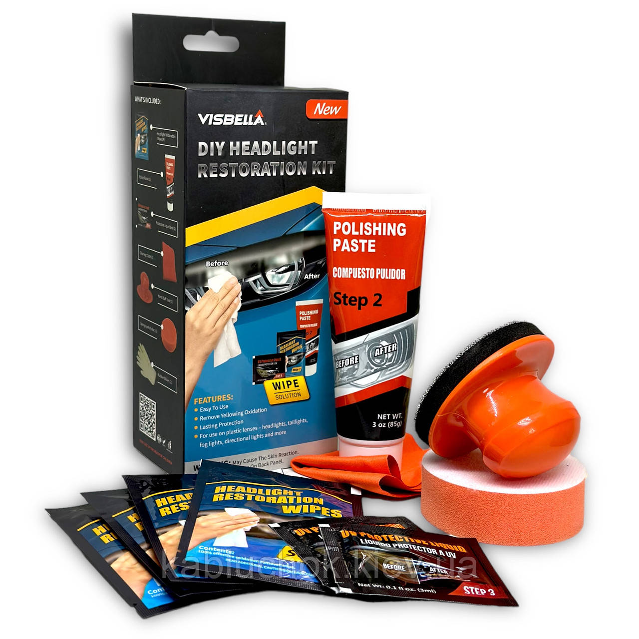 Набір для полірування автомобільних фар Visbella DIY HEADLIGHT RESTORATION KIT WIPE SOLUTION