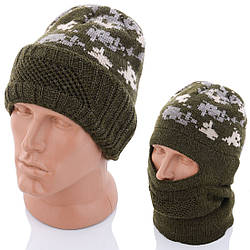 В'язана шапка-балава з флісом хакі+ камуфляж Розмір: 55- 60 (dn17028-7)