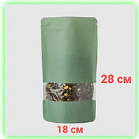 Пакет дой пак крафт зеленый с окном 180*280мм, бумажный дой-пак хвоя с зип застежкой для чая (От 100 шт.) Koro