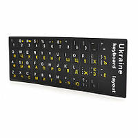Наклейки на клавіатуру чорні з жовтими англ. літерами, Рус.буквамі та Укр. літерами, Q100