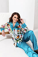 Яркая красивая стильная домашняя шелковая пижама больших размеров р.50-56. Арт-2534/17 бирюзовая