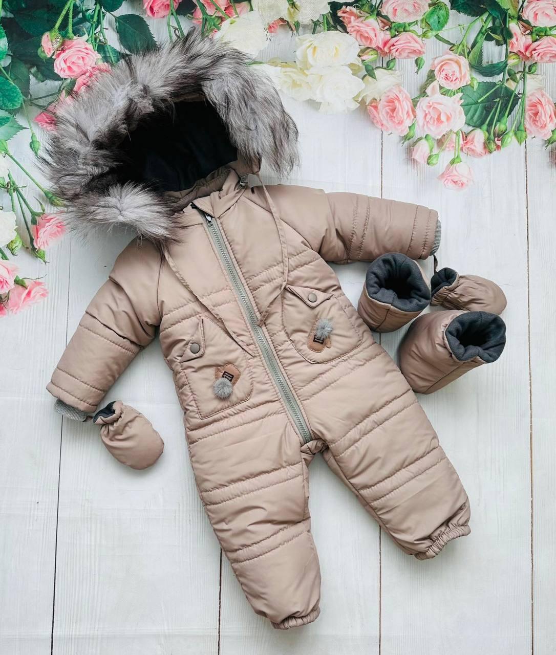 Зимовий дитячий теплий комбінезон 86 розмір з відстібним капюшоном рукавицями та топіками