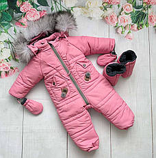 Зимовий дитячий теплий комбінезон 86 розмір з відстібним капюшоном рукавицями та топіками, фото 3