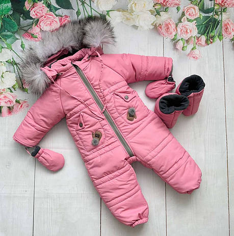Зимовий дитячий теплий комбінезон від 1 року 80 86 розмір з відстібним капюшоном рукавицями та топіками, фото 1