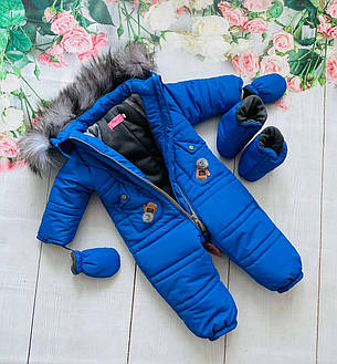 Зимовий дитячий теплий комбінезон від 1 року 86 92 розмір з відстібним капюшоном рукавицями та топіками, фото 2