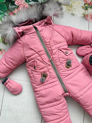 Зимовий дитячий теплий комбінезон від 1 року 80 86 розмір з відстібним капюшоном рукавицями та топіками, фото 2