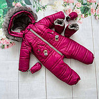 Зимний детский теплый комбинезон от 1 года 80 86 92 размер с отстежным капюшоном, варежками и топиками