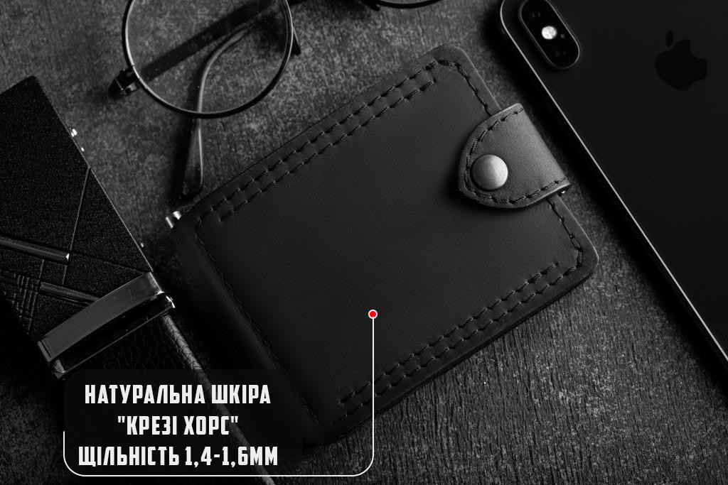 Затискач для грошей чоловічий PORTER чорний з натуральної шкіри гаманець, фото 1