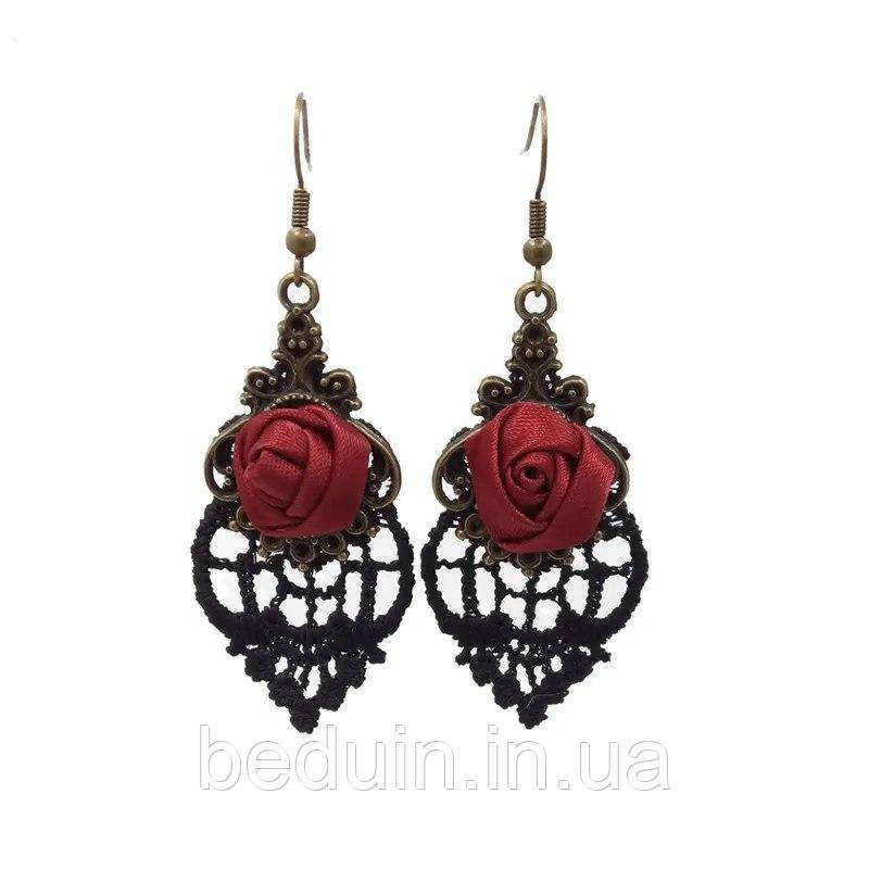 Вінтажні мереживні Сережки з атласною трояндою — бронзові Aushal JEWELRY