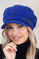 Женская кепка картуз из кашемира с брошью только чёрный ярко синий