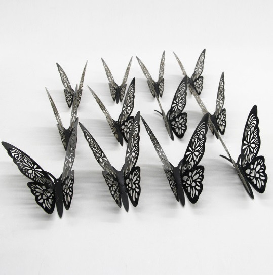 (12 шт) Набір Метеликів 3D На Скотчі, ЧОРНІ Ажурні