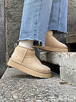 Уги жіночі UGG Ultra Mini Platform Beige бежеві мінітривалі натуральний замш на хутрі на платформі