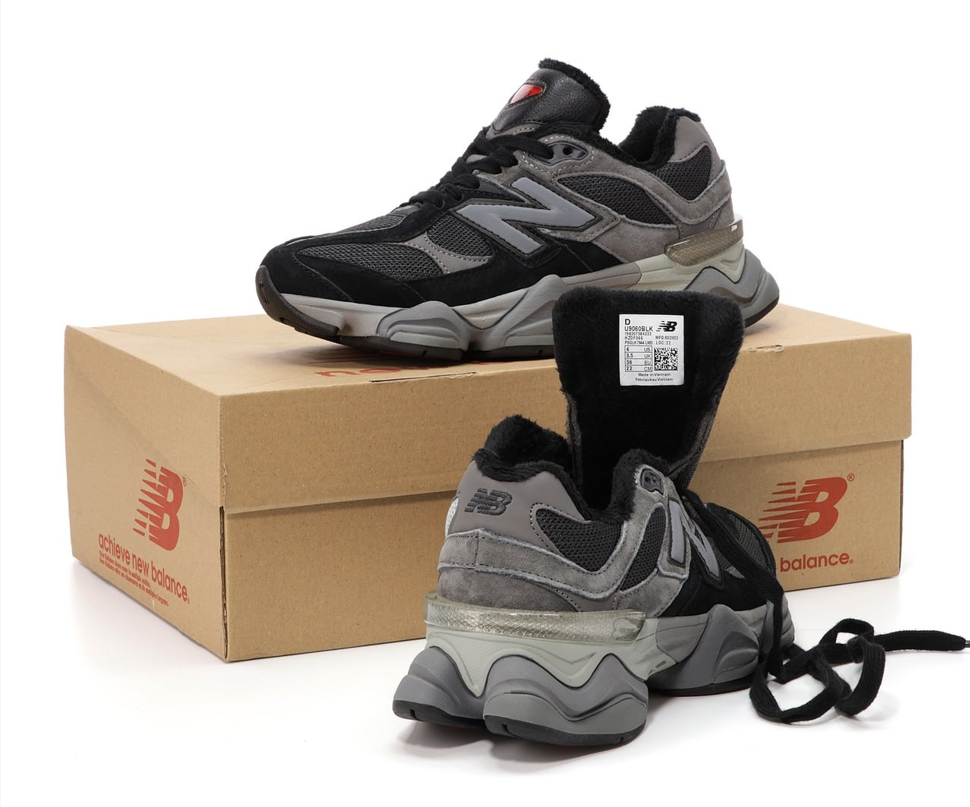 Зимові чоловічі жіночі кросівки New Balance 9060 winter Grey взуття Нью баланс з хутром чорні сірі замшеві зима, фото 1