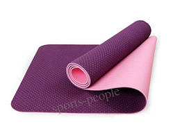 Килимок для йоги та фітнесу, ТРЕ, двошаровий, 183*61*0.8 см, різн. кольору + чохол у подарунок! фіолетовий із рожевим