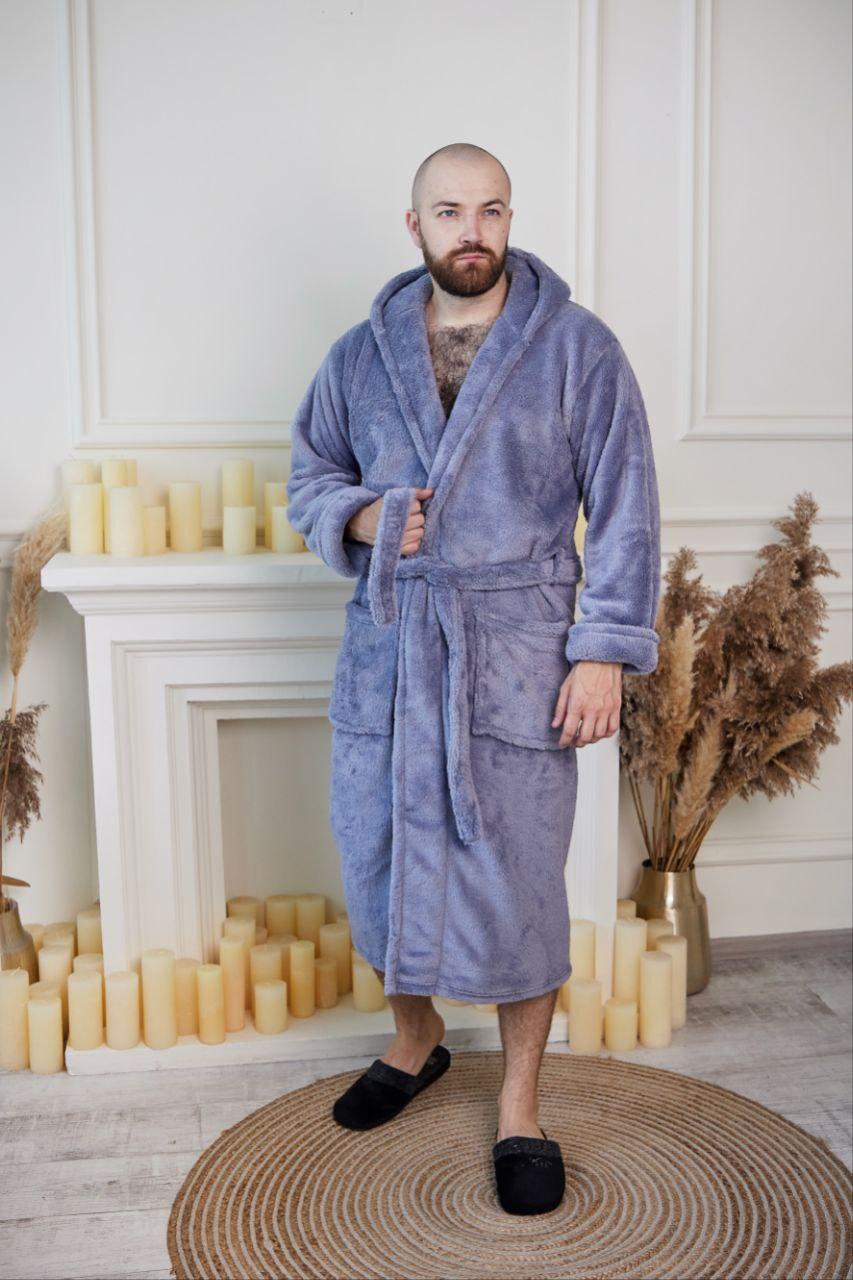 Халат чоловічий махровий з капюшоном теплий (S-5XL) 1024 Сірий, фото 1