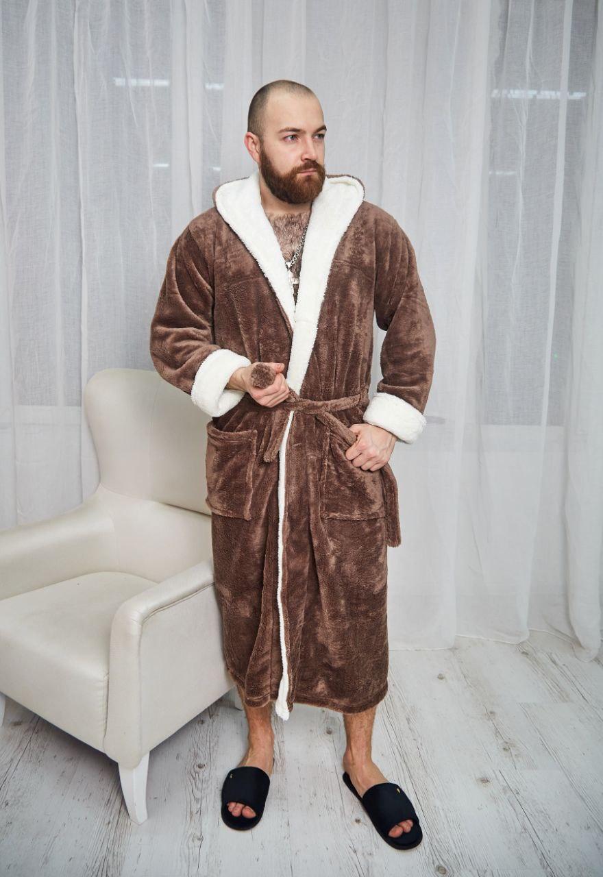 Халат чоловічий махровий з капюшоном теплий 4002 коричневий молочний, фото 1