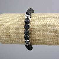 Браслет Лава гладка кулька d-8,5мм+-, Гематит кубик 6мм+- зі сріблястими вставками L-18см+- (стрейч) купити біжутерію дешево оптом