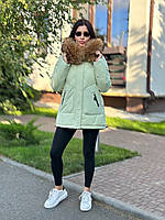 Зимова куртка з натуральним єнотом колір яблуко