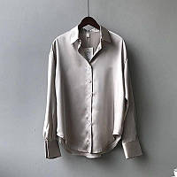 Женкая классическая шелковая рубашка на пуговицах, свободного кроя, оверсайз, молоко, черный, оливка, серый. Серый