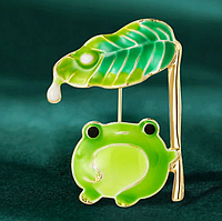 Брошь брошка металл эмаль зеленый жаба лягушка держит лист роса