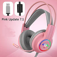 Ігрові навушники з підсвіткою та мікрофоном Wolf Hunter H200 RGB рожеві 7.1 від USB Код:DC08