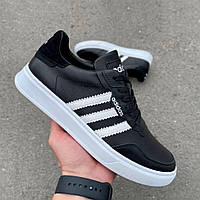 Кроссовки для молодежи черные с белым Adidas. Кеды спортивные мужские черно-белые Адидас кожаные