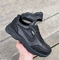 Мужские кроссовки демисезонные черные Nike. Кожаная обувь мужская весна осень черная Найк