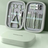 Набір для манікюру та педикюру з нержавіючої сталі у сумці 18 предметів Manicure Green