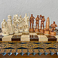 Набор шахматных фигур "Битва Рыцарей и ЗСУ" из древесины клена. Ручна робота. Резьба по дереву. Без доски!