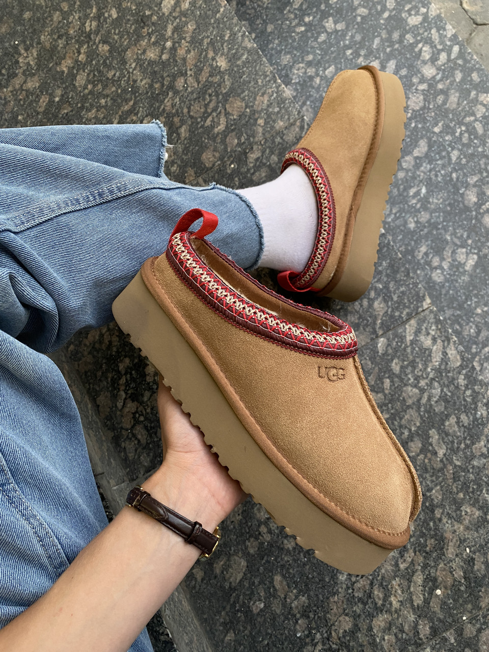 Уги жіночі Ugg Tasman Platform Chestnut коричневий замша з хутром теплі капці короткі стильні, фото 1