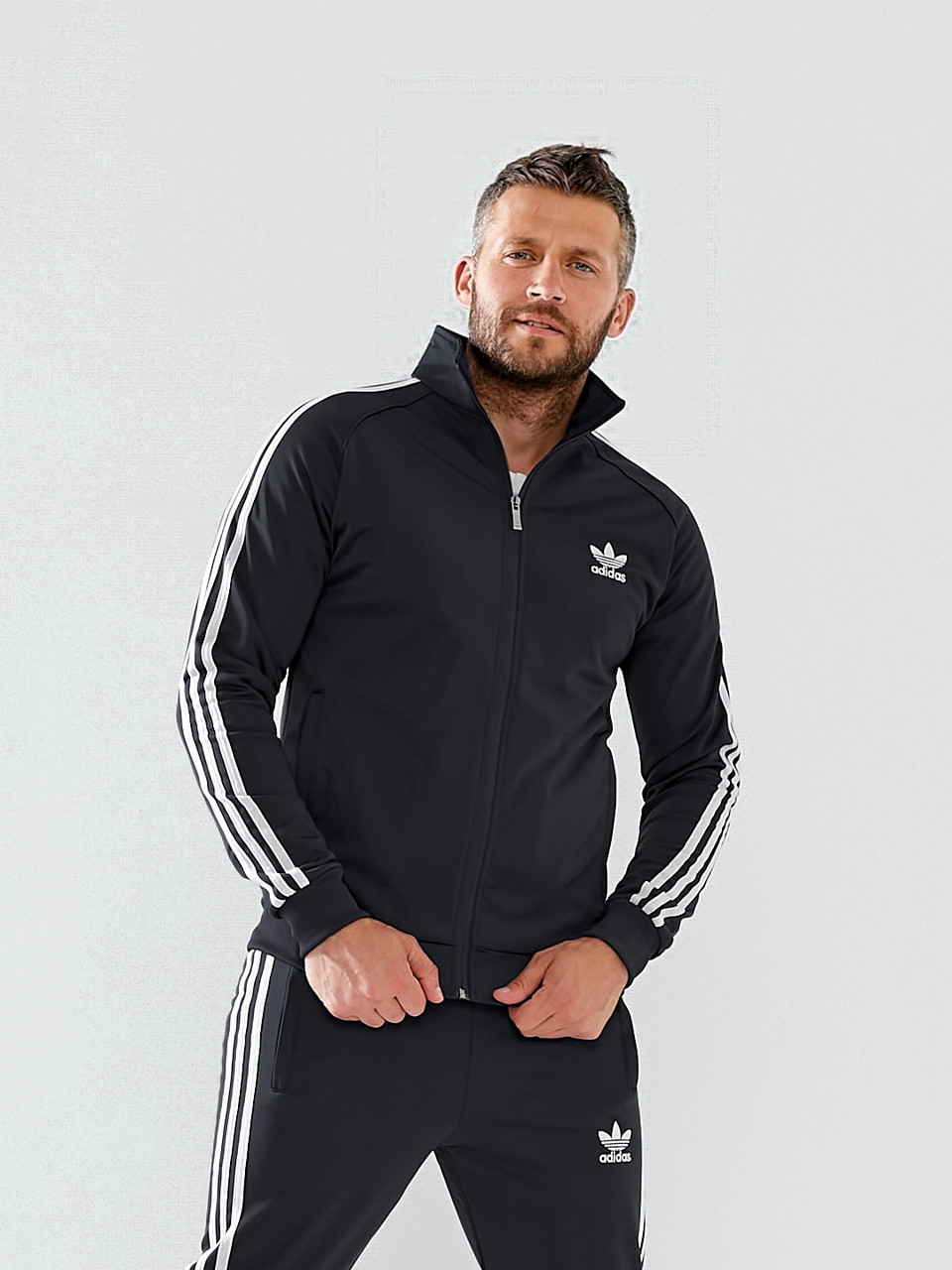 Чоловічий спортивний костюм Adidas зі смужками спорт костюм Адідас теплий на тонкому флісі чорний