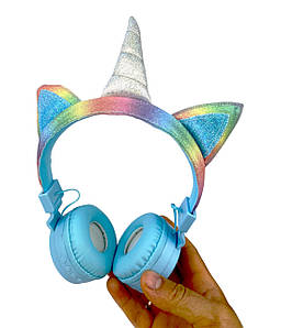 Дитячі Бездротові навушники LED UNICORN З ВУШКАМИ KB-1000 Блакитні