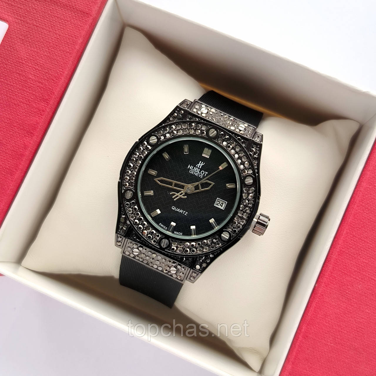 Жіночий наручний годинник з камінчиками Hublot geneve (хаблот) чорного кольору, з датою - код 2268b