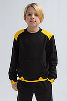 Світшот із кишенею-кенгуру для хлопчика чорного кольору з подвійними манжетами р. 104-158