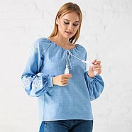 Жіноча вишиванка "Зірка", блакитна блузка джинс з білою вишивкою, фото 7