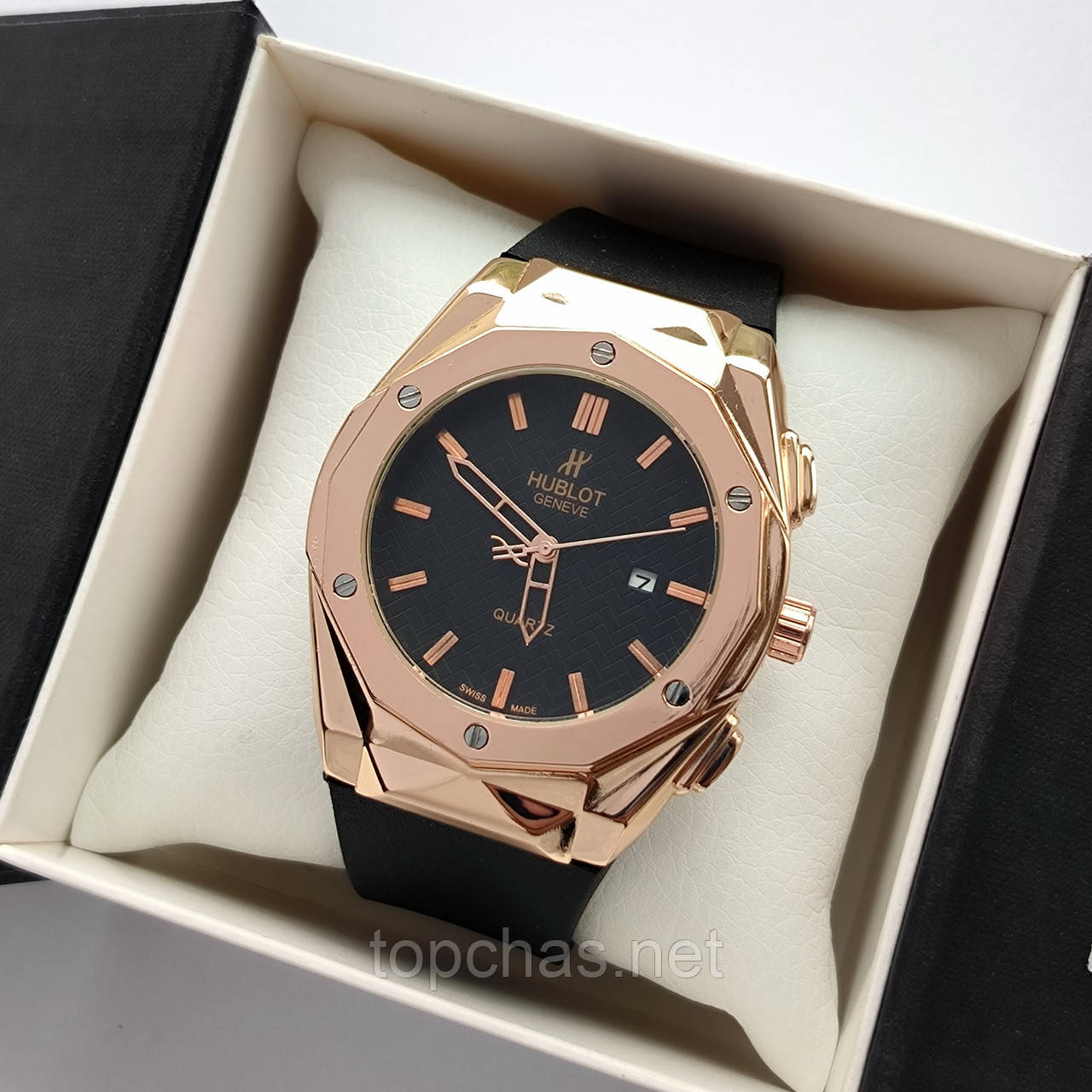 Чоловічий наручний годинник Hublot geneve (Хаблот) золотистий з чорним циферблатом - код 2270b