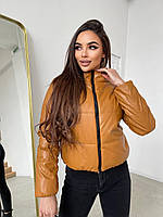 Стильна коротка демісезонна жіноча куртка з екошкіри (Розміри 42-44, 46-48), Гірчиця