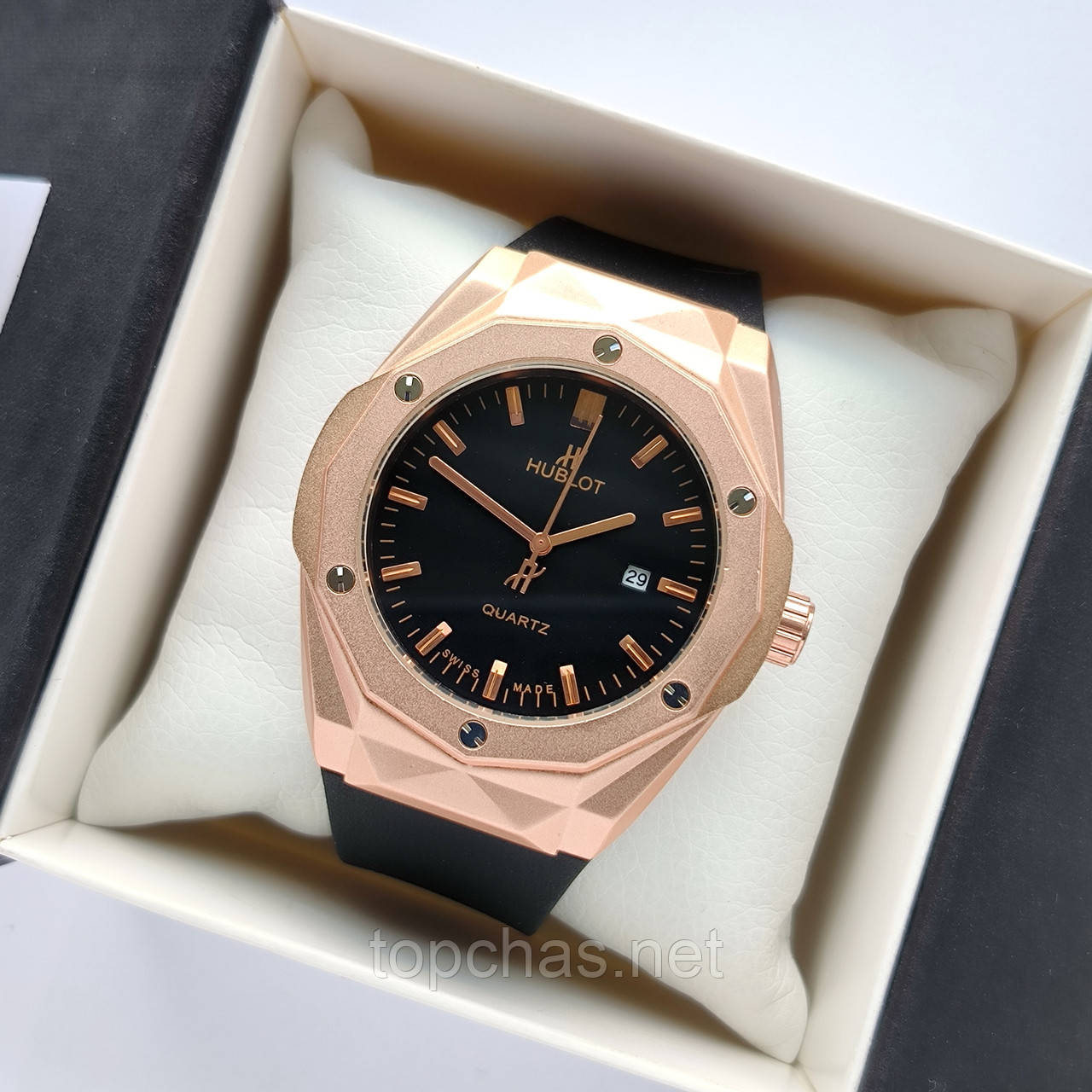 Чоловічий наручний годинник золотого кольору Hublot geneve (Хаблот) з чорним циферблатом - код 2271b