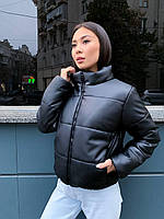 Стильная короткая демисезонная женская куртка из экокожи (Размеры 42-44, 46-48), Черная