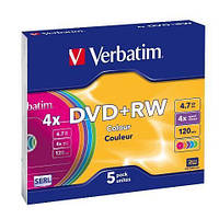 5 штук VERBATIM DVD+RW 4,7Gb 4x Slim