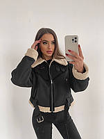 Женская дубленка укороченная в стиле Zara черная коричневая с белым мехом укороченная XS S M L XL