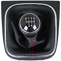 VW Caddy 04-09 ручка перемикання передач + ЧОРНА крага з ЧЕРВОНОЮ ниткою і рамка ХРОМ 6 ПЕРЕДАЧ