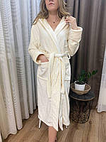 Турецкие банные халаты длинные женские. Молочный халат домашний с капюшоном. Халат женский из велюра