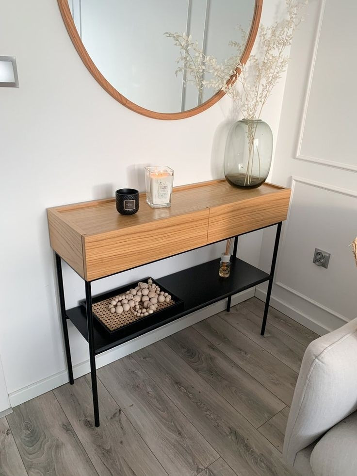 Консоль в передпокій коридор в сучасному стилі, дерево, металеві ніжки, з полицею та висувнити ящиками, фото 1