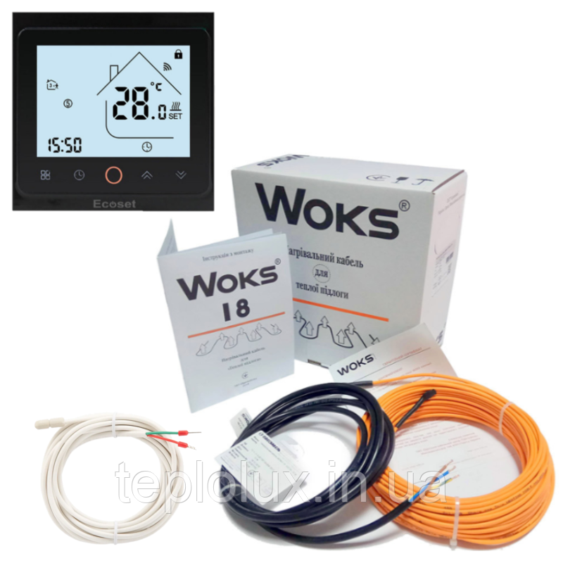 Нагрівальний кабель Woks – 18 160 Вт ( 8 м.) з терморегулятором Ecoset PWT 002 WI-FI