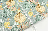 Бязь "Монстера з жовтими трояндами та листям пальм" на брудно-м'ятному тлі №3053, фото 5